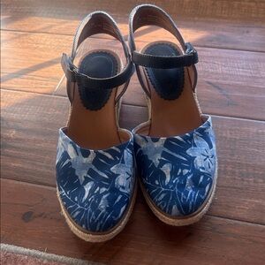 This is a Baretraps Ocean Closed-Toe Espadrille Wedge sandal,blue and white